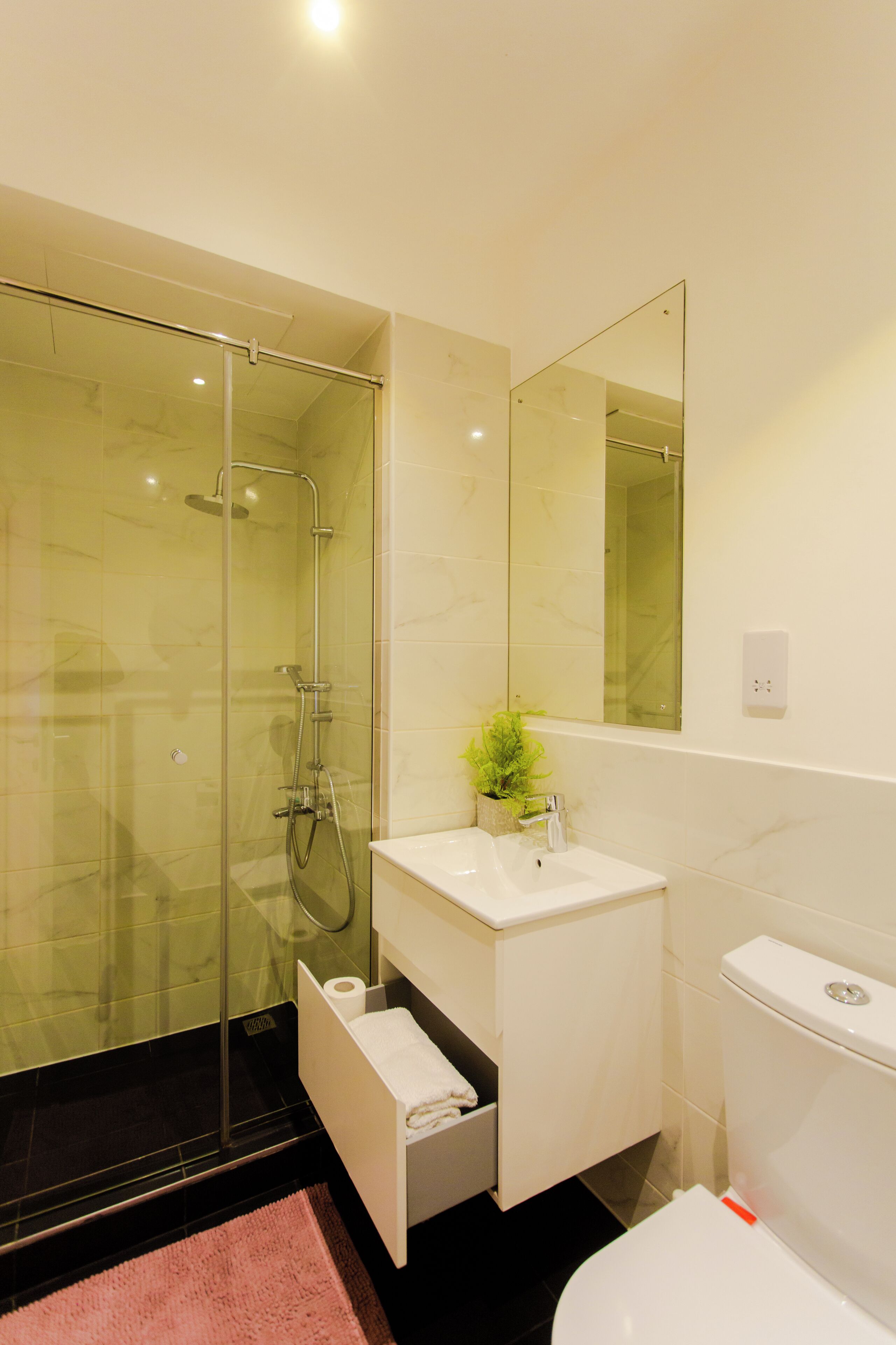 A modern bathroom with a glass-enclosed shower, a white sink, a mirror, and a toilet.