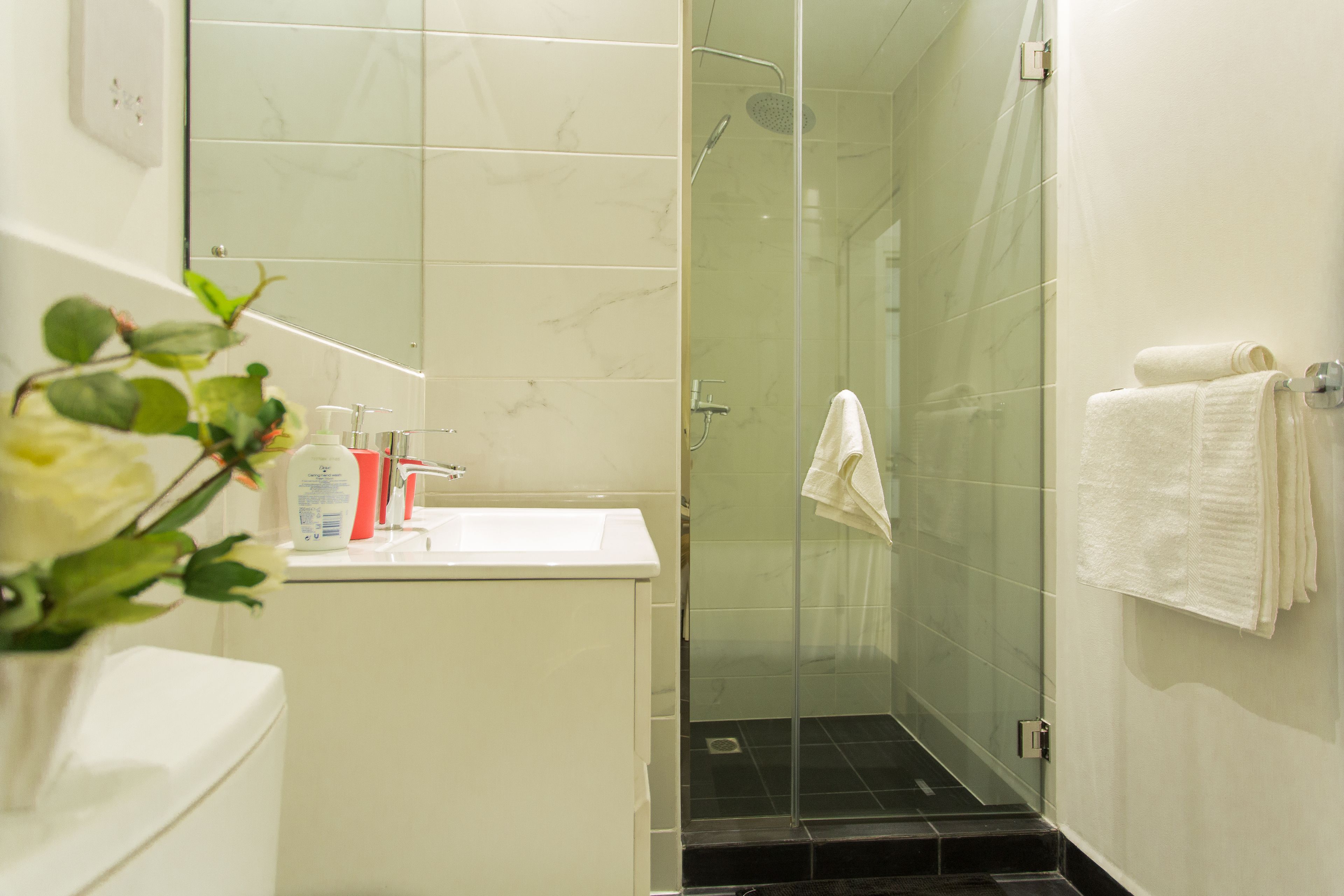 Une salle de bain avec une douche à parois de verre, un lavabo blanc et un miroir.