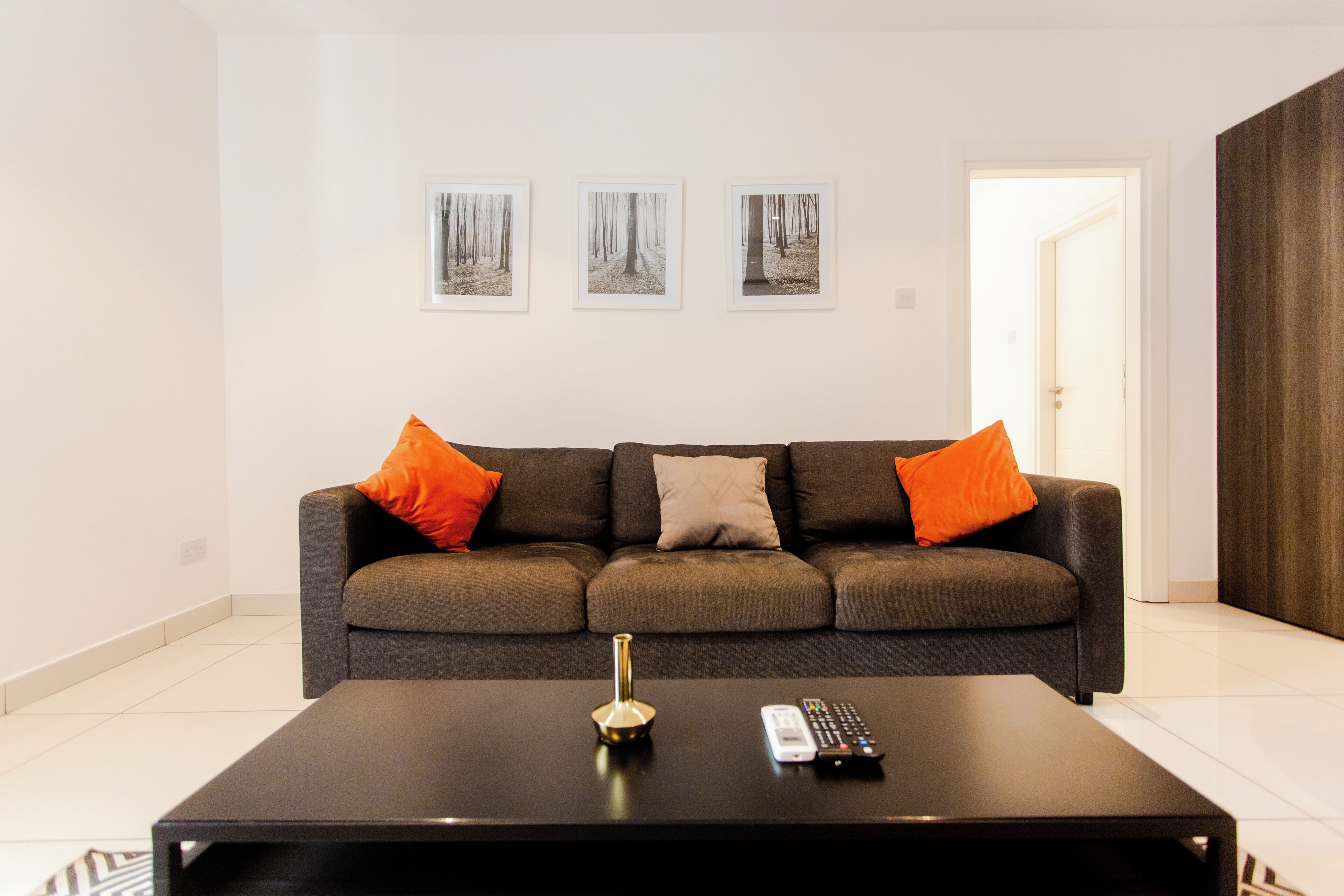 Un salon moderne avec un canapé gris, deux coussins orange et trois tableaux encadrés accrochés au mur.