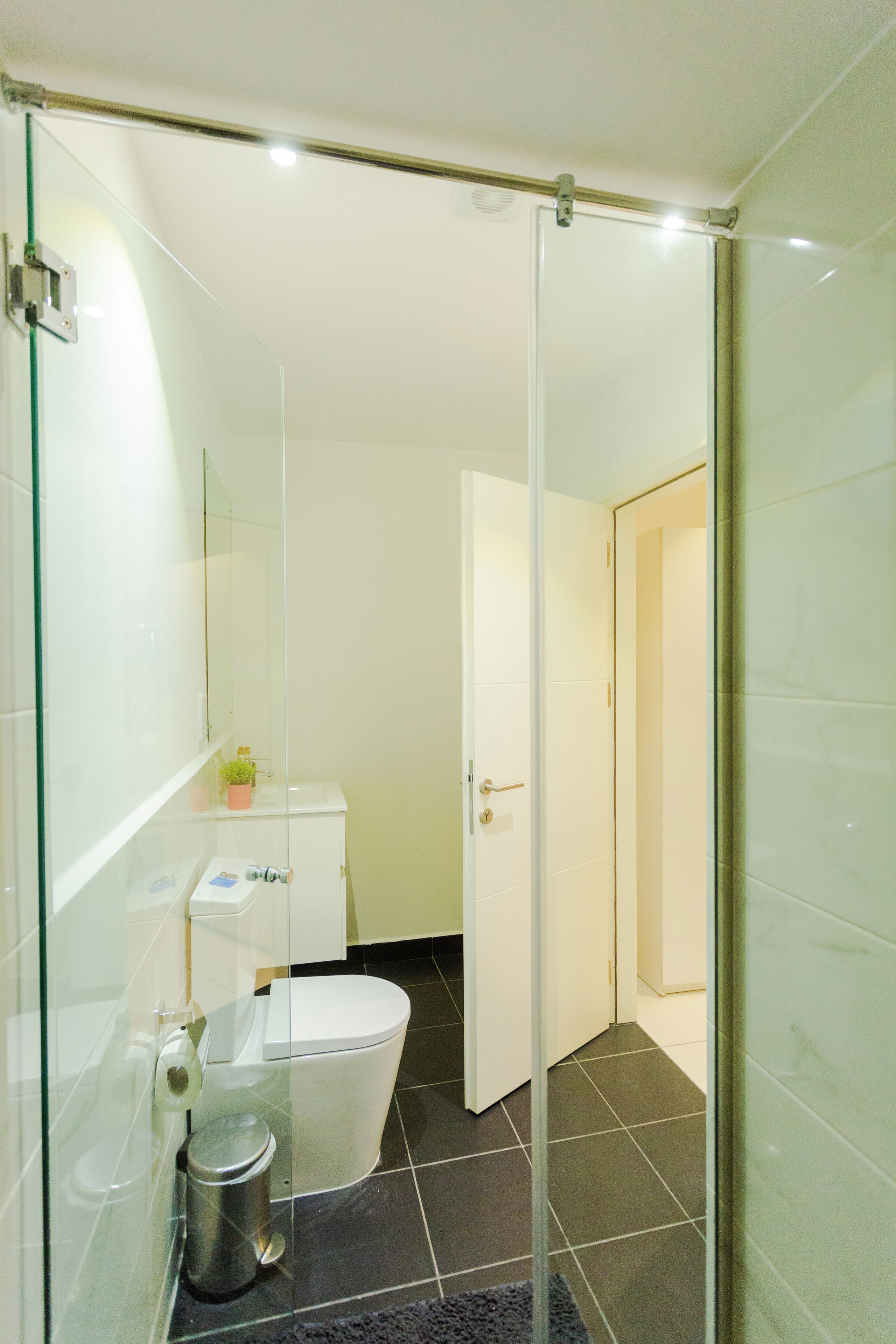 A modern bathroom with a glass shower enclosure, a toilet, and a sink.