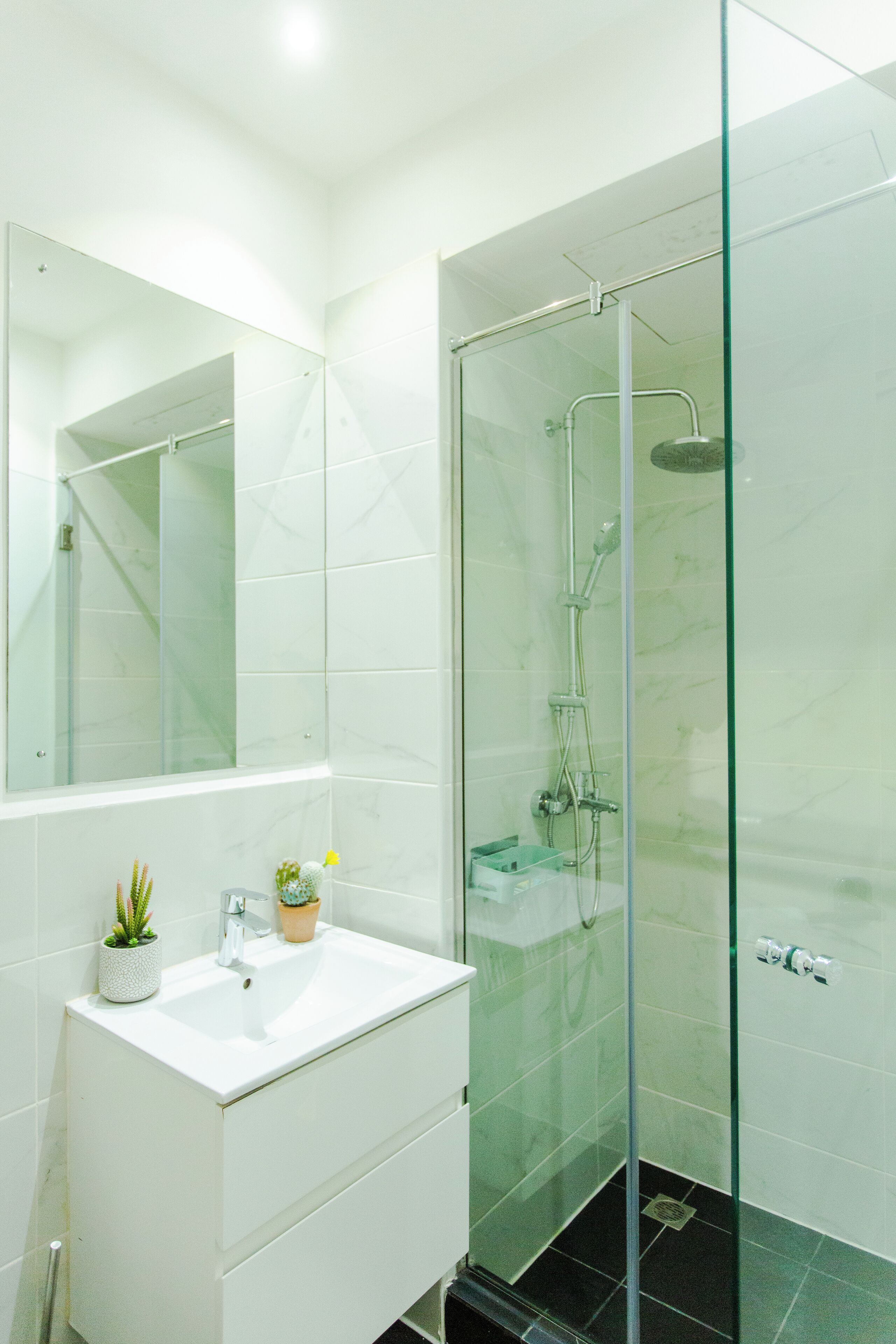 A modern bathroom with a glass-enclosed shower, a white sink, and a mirror.
