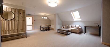 A spacious living area with a high ceiling, a skylight, a sofa, a coffee table, a TV, and a wooden partition with a mirror.