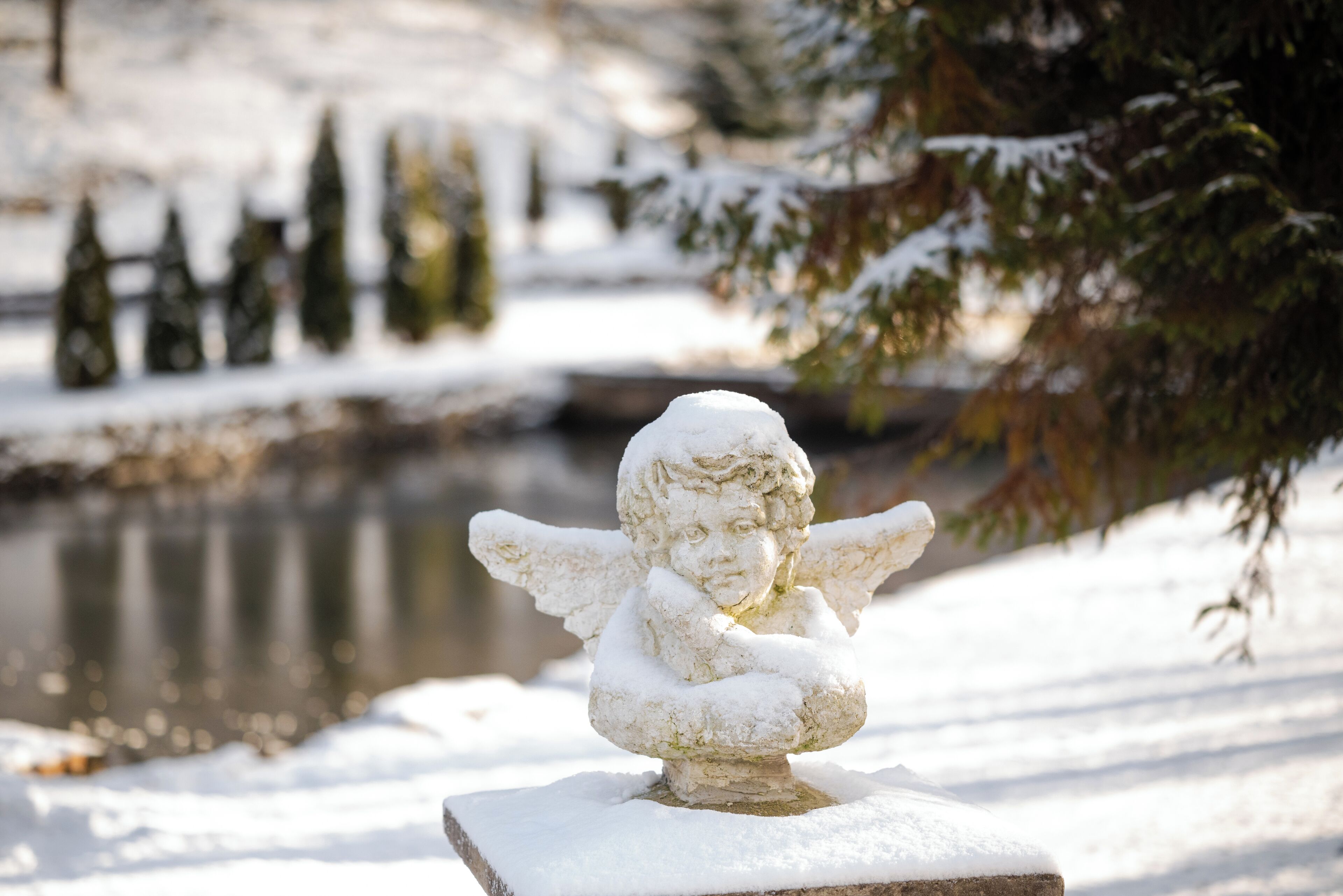 Una estatua cubierta de nieve en un parque, con un estanque y árboles al fondo.