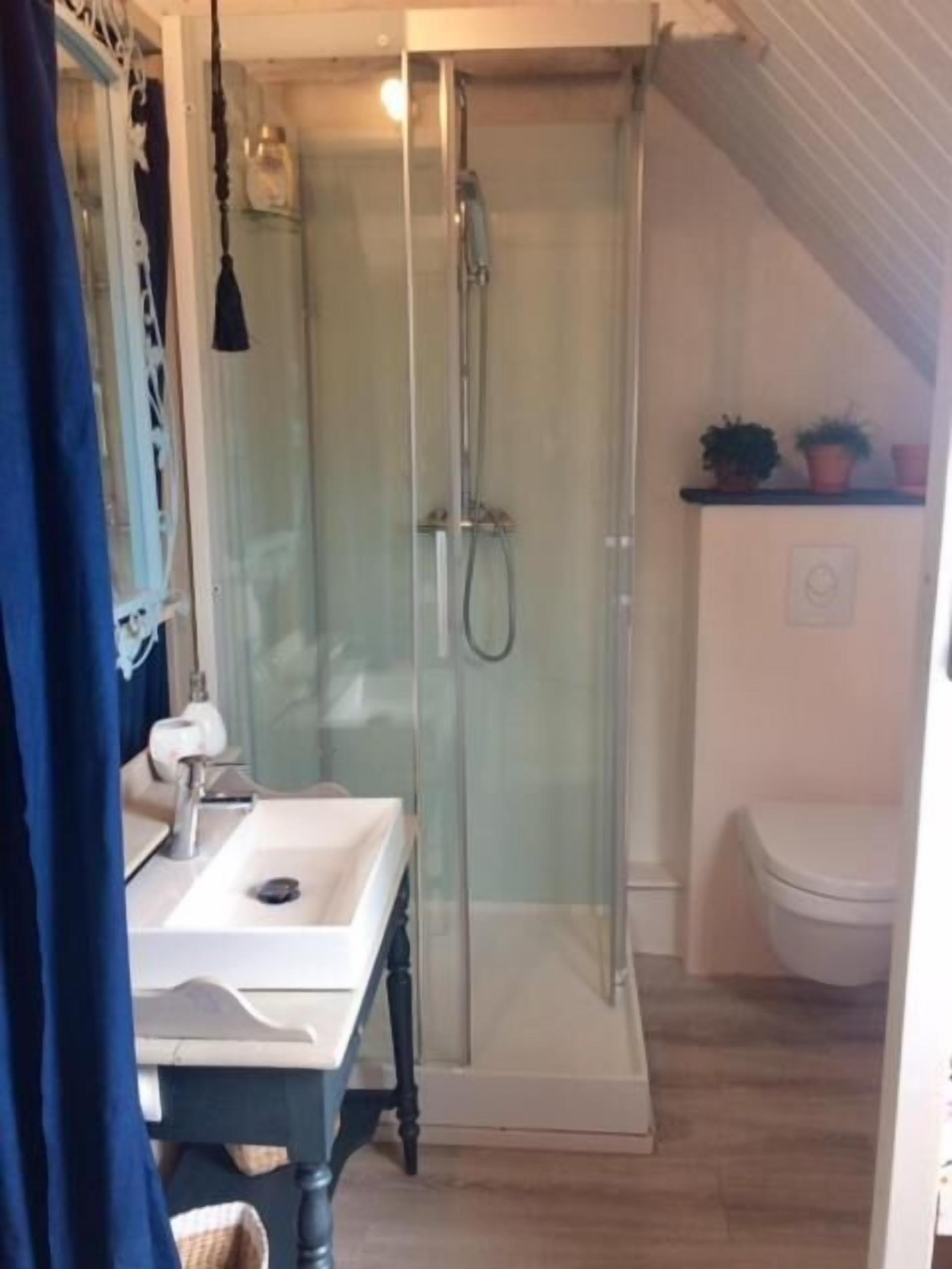 A bathroom with a glass-enclosed shower, a white sink, and a toilet.