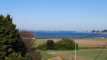 Un paisaje costero con vista al mar, cielo despejado y un pueblo lejano.