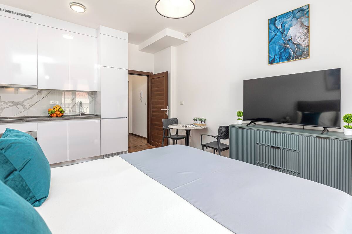 A modern bedroom with a bed, a TV, and a kitchenette.