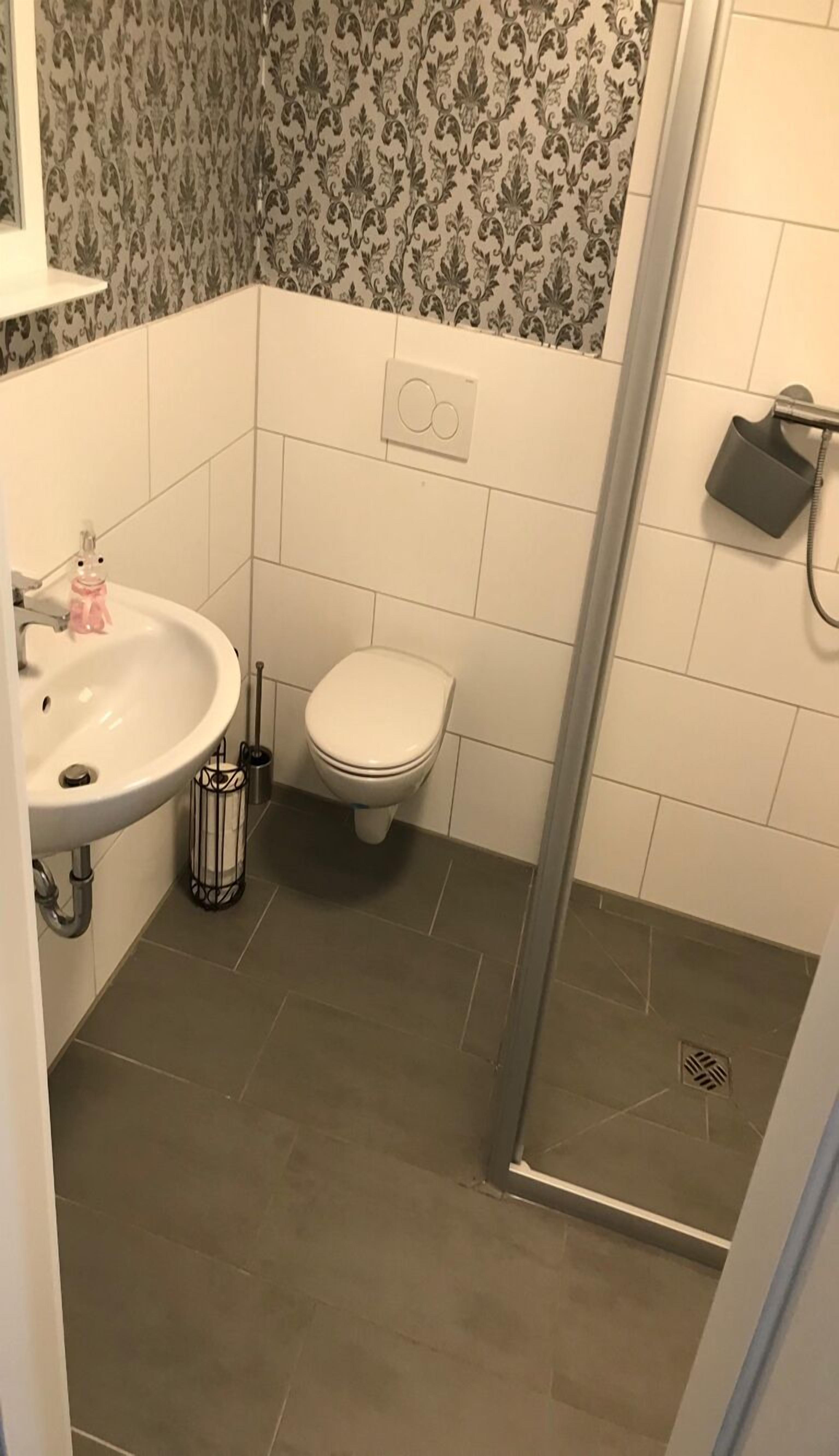 Een badkamer met toilet, wastafel en douche.