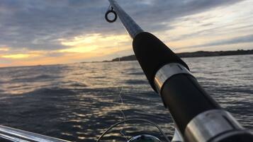 A fishing rod with a reel, positioned on a boat with a view of the ocean and a cloudy sky.