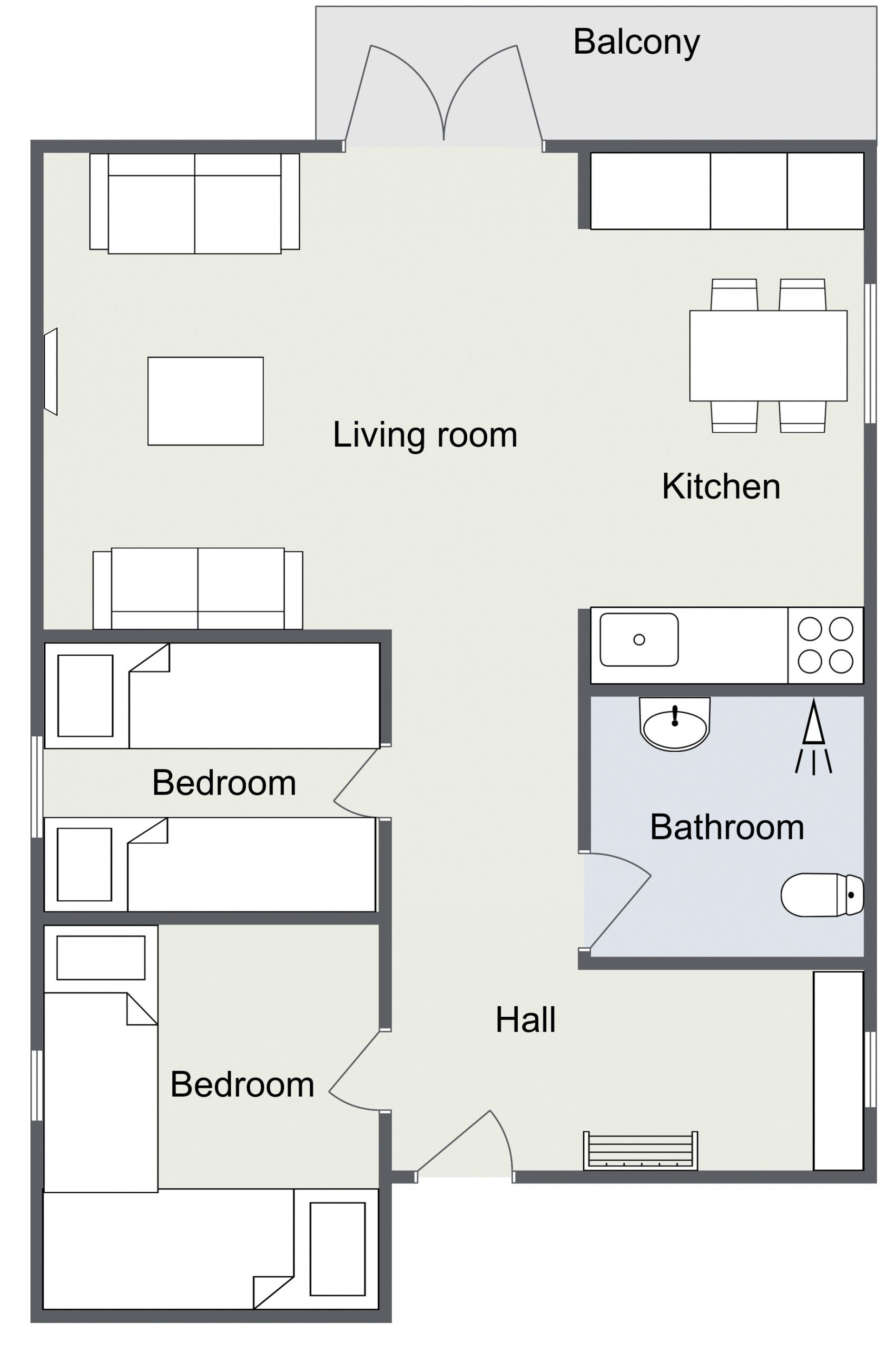 A floor plan of a house with a living room, two bedrooms, a balcony, a kitchen, a bathroom, and a hall.