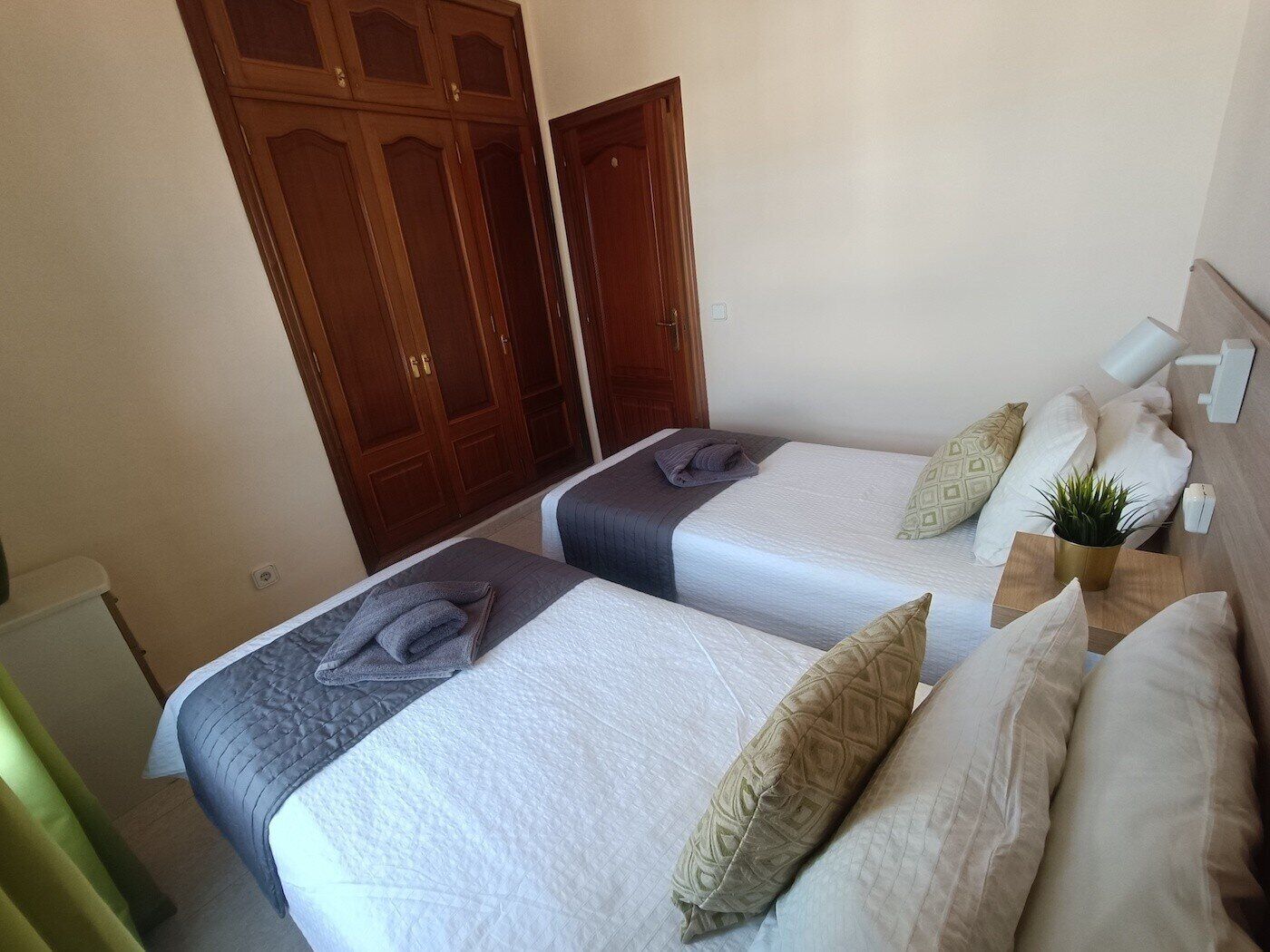 A hotel room with two single beds, each with a pillow and a folded towel. There is a wooden wardrobe with a mirror and a small potted plant on the bedside table.