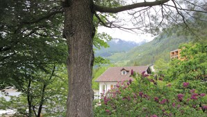 Una casa de techo inclinado, rodeada de exuberante vegetación y con una montaña al fondo.