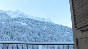 Paisaje montañoso con árboles nevados y cielo despejado.