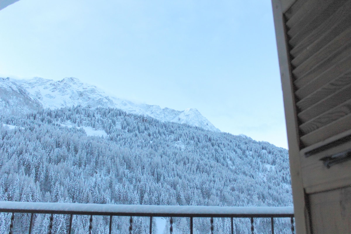 Een berglandschap met sneeuw bedekte bomen en een heldere lucht.