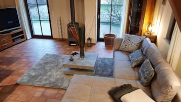 Televisio, takka, DVD-soitin, kirjoja