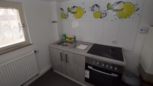 Una cocina compacta con fregadero, estufa y horno.
