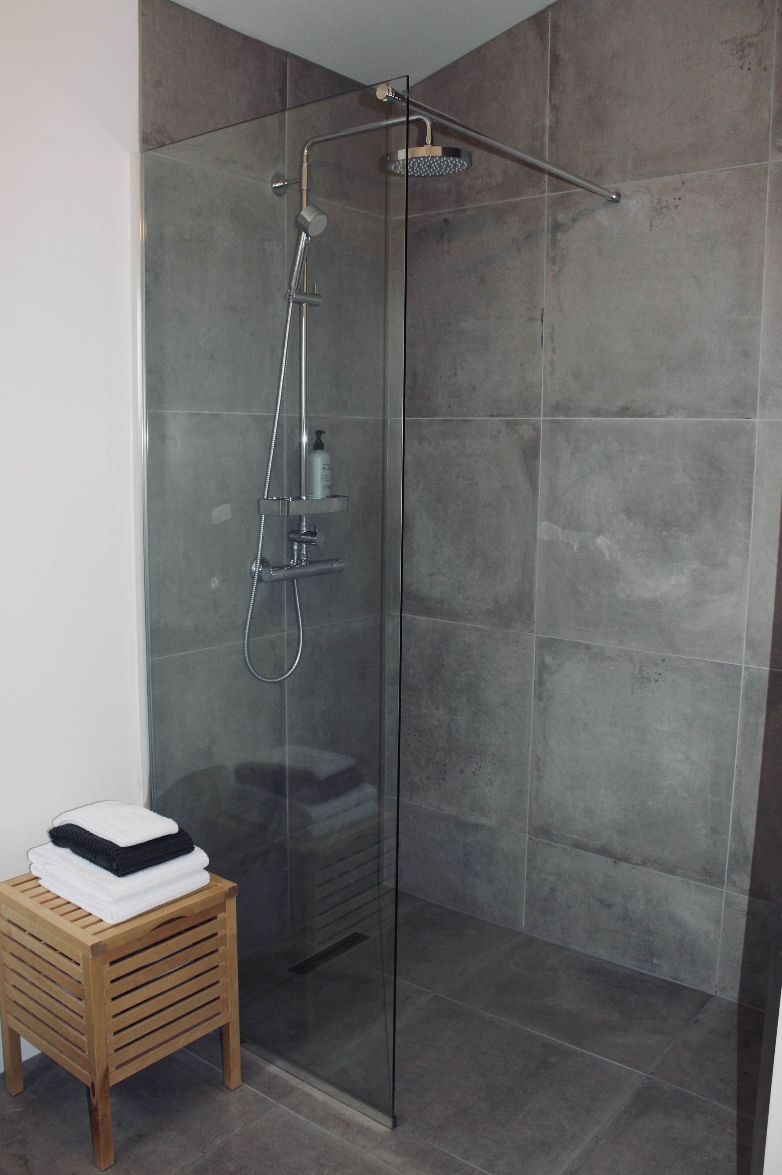 A glass-enclosed shower with a handheld showerhead and a handheld faucet.