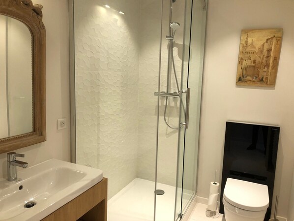 Deluxe Double Room (La Chambre Rose) | Bathroom | Shower, rainfall showerhead, free toiletries, hair dryer - Villa Mary (Amboise)