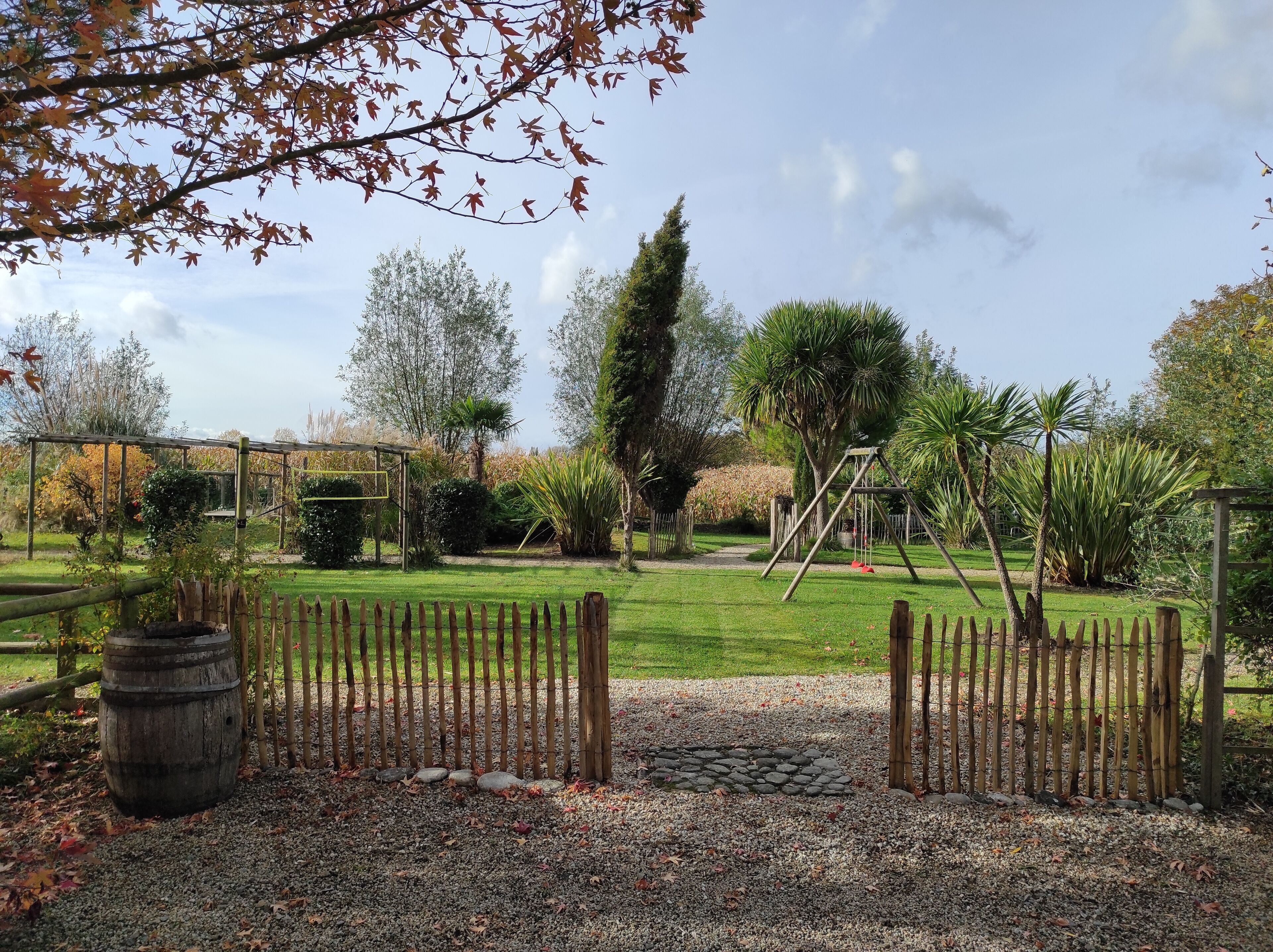 A garden with a wooden fence, a swing set, and various plants.