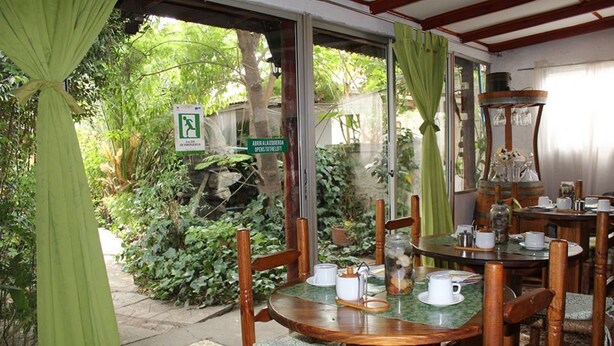An outdoor dining area with wooden tables and chairs, surrounded by lush greenery and a glass door leading to a garden. - Hostal Vida 2000 (Santa Cruz)