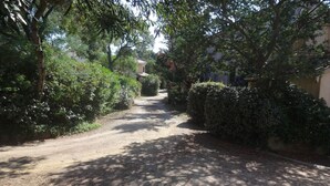 A narrow, tree-lined dirt road with a building in the background. - studio 2/3 people with porto vecchio pool (Porto-Vecchio)