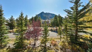 A building with a mountain in the background, surrounded by trees and a parking area. - Larson Lane 217 - 4 Br Home (Frisco)