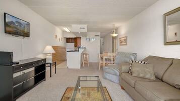 A compact living space with a kitchenette, a sofa, a coffee table, and a TV.