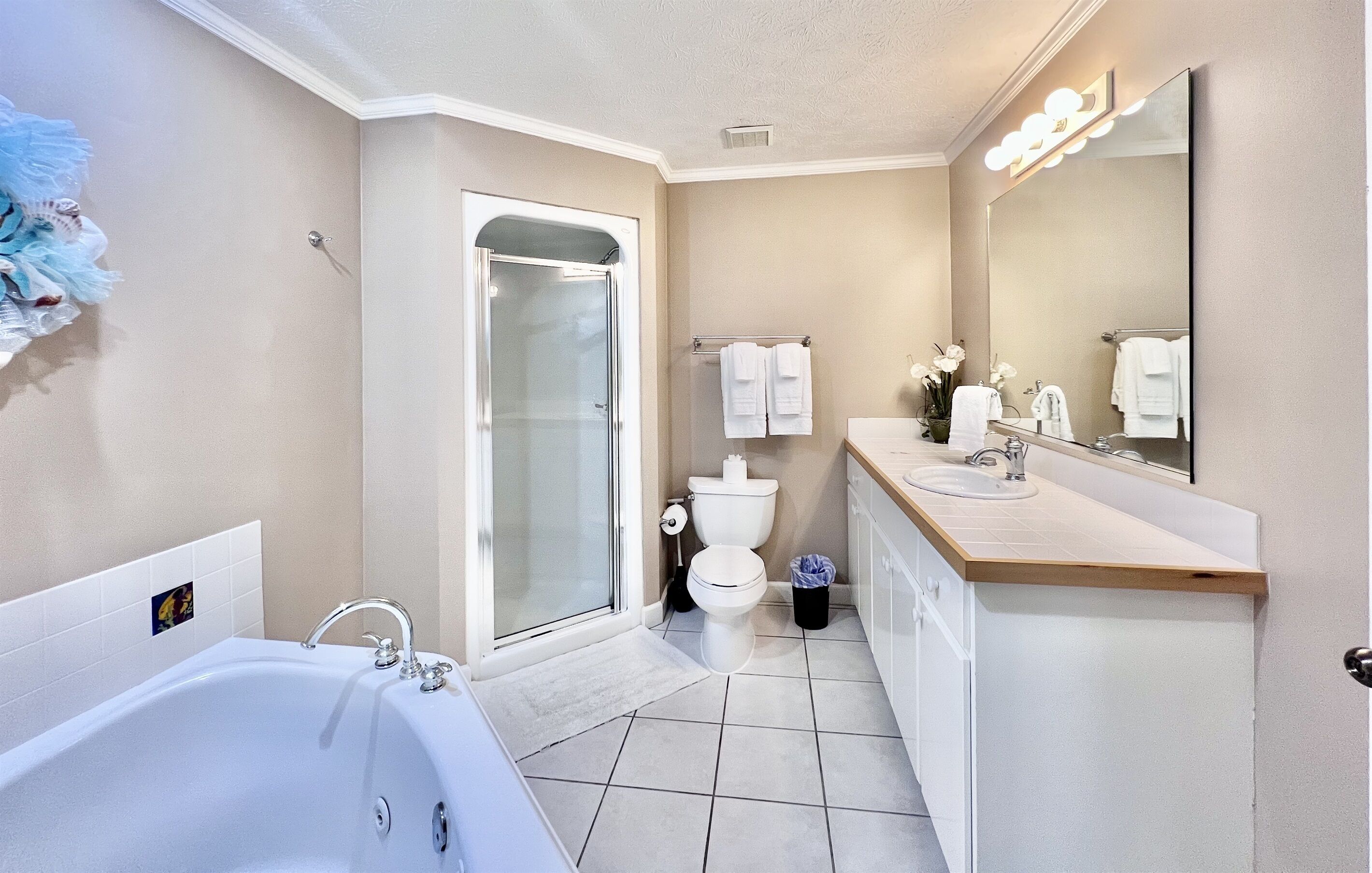 Bathtub, jetted tub, hair dryer, towels