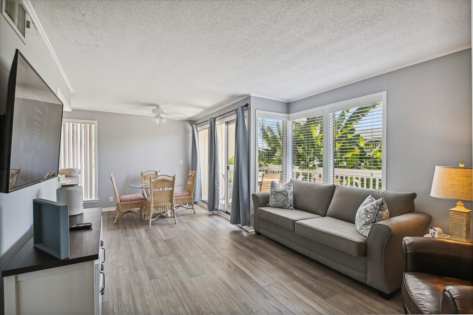 A living room with a sofa, a TV, a dining table with chairs, and large windows with blinds.
