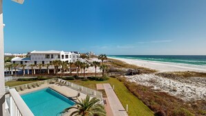 A beachfront property with a swimming pool, beach access, and a view of the ocean. - Destin On The Gulf 406 2 Bedroom Condo by RedAwning (Destin)