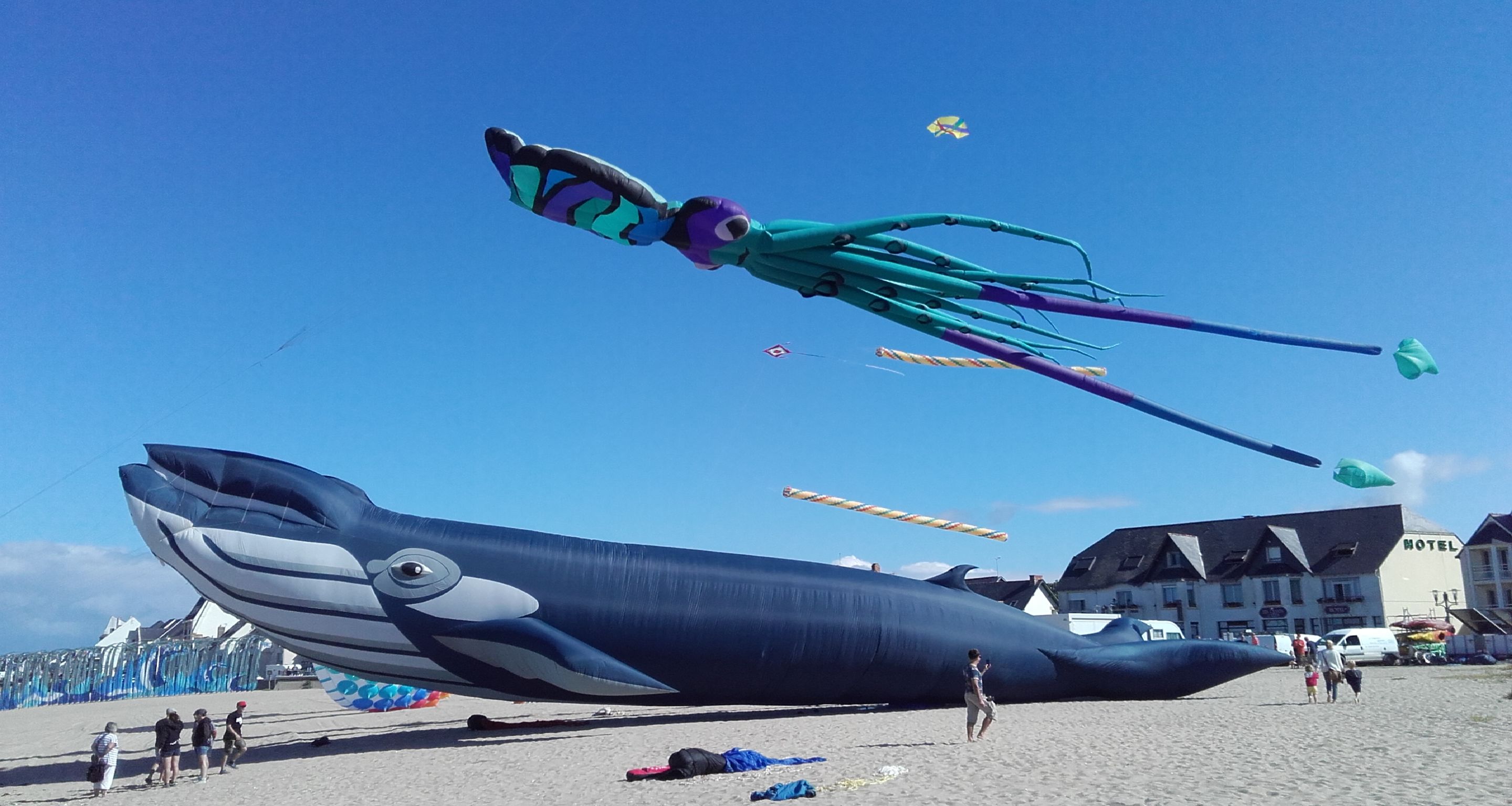 Une grande structure gonflable en forme de baleine sur une plage, avec un hôtel en arrière-plan.