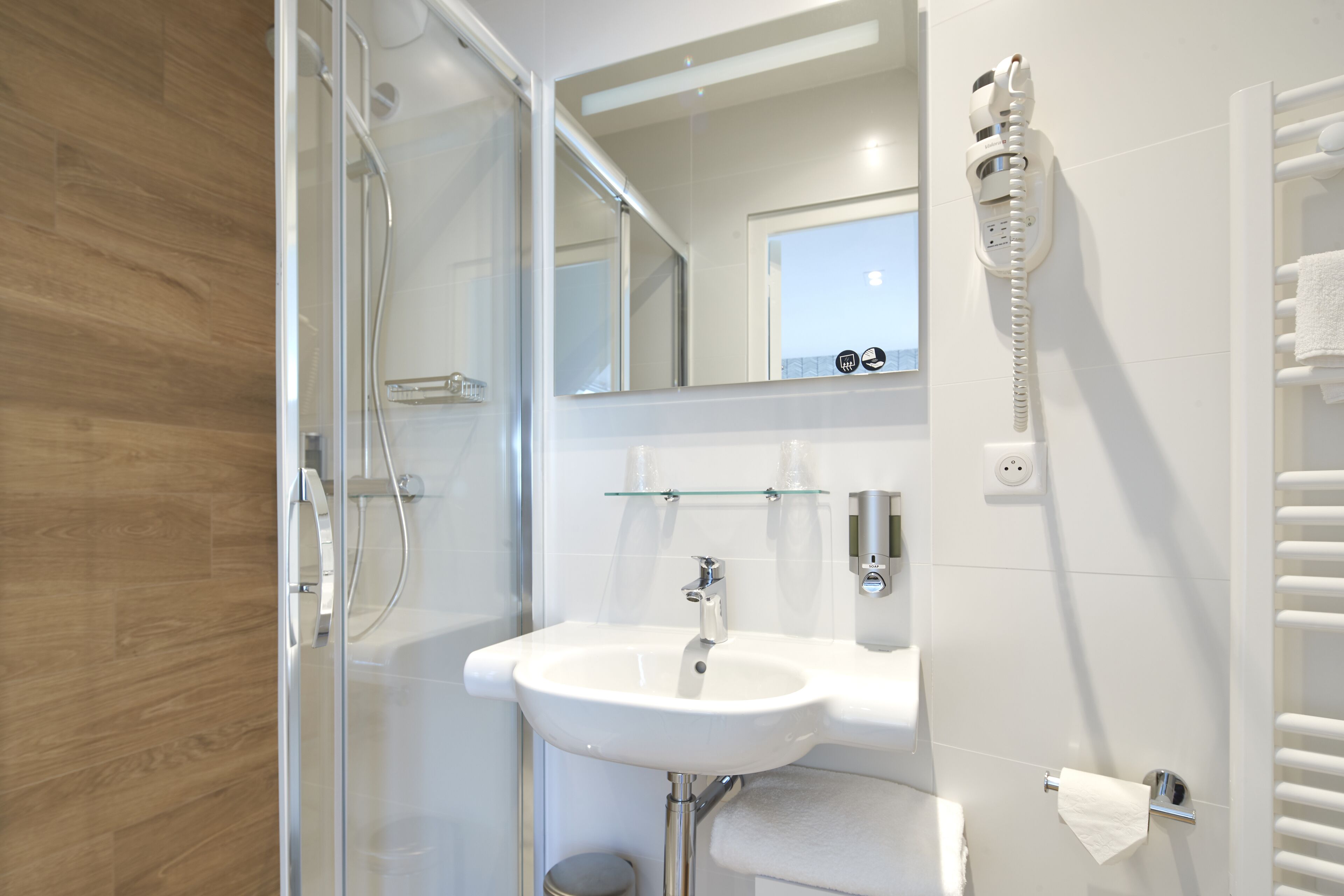 free toiletries, hair dryer, towels, soap