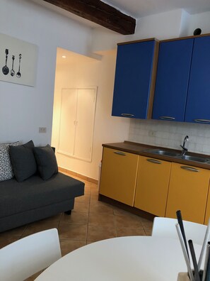 Apartamento, 2 camas de solteiro, para não fumantes, vista para a cidade | Cozinha privada | Geladeira, fogão, talheres/pratos/utensílios de cozinha