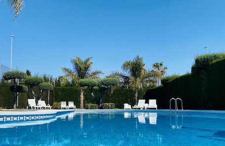 Una piscina al aire libre, tumbonas. Hotel Playa Canet