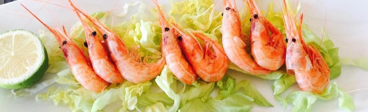 A plate of cooked shrimp on lettuce with a slice of lime.