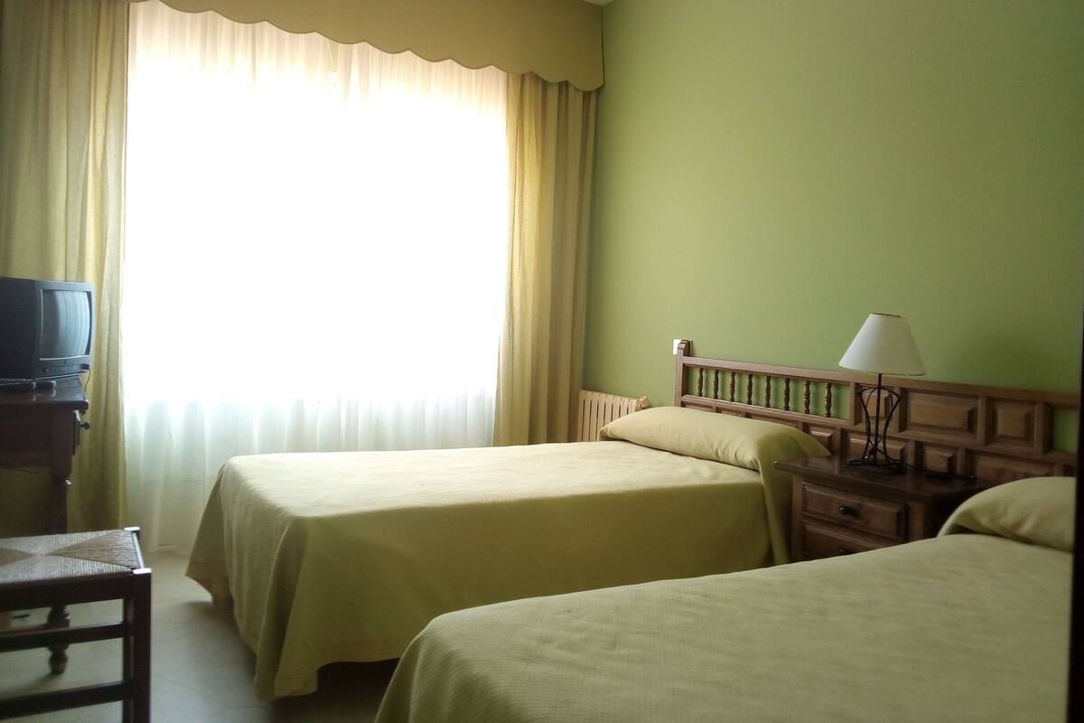 Una habitación de hotel con dos camas, televisión, lámpara y ventana con cortinas.