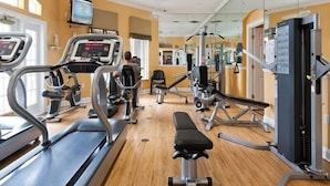 A gym with treadmills, a bench, and weight machines.