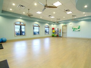 Una habitación amplia con ventanas grandes, ventiladores de techo y equipo de ejercicio.