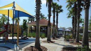 A playground with a slide and climbing structures, surrounded by palm trees and a gazebo. - Terra Verde 665 (Kissimmee)