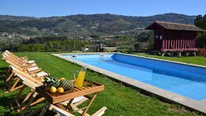 Une piscine avec des chaises longues et un panier de fruits, entourée d’une pelouse et offrant une vue sur les collines.