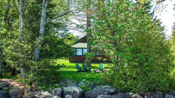A cabin surrounded by trees and a body of water.