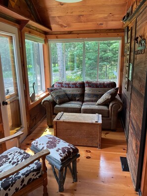 Televisión, chimenea, reproductor de DVD y estéreo 