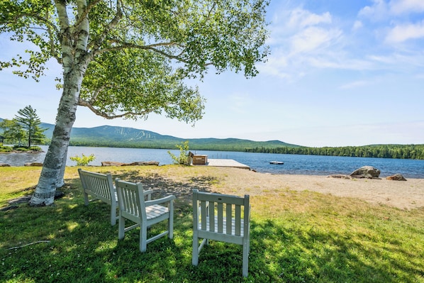 A lakeside view with two wooden benches under a tree, a dock, and a calm lake with mountains in the background.