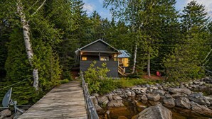 A cabin with a wooden deck leading to a small stream, surrounded by dense forest. - 🐾Kadel - Maine log home on Mooselookmeguntic Lake filled with rustic charm, dog friendly (Oquossoc)