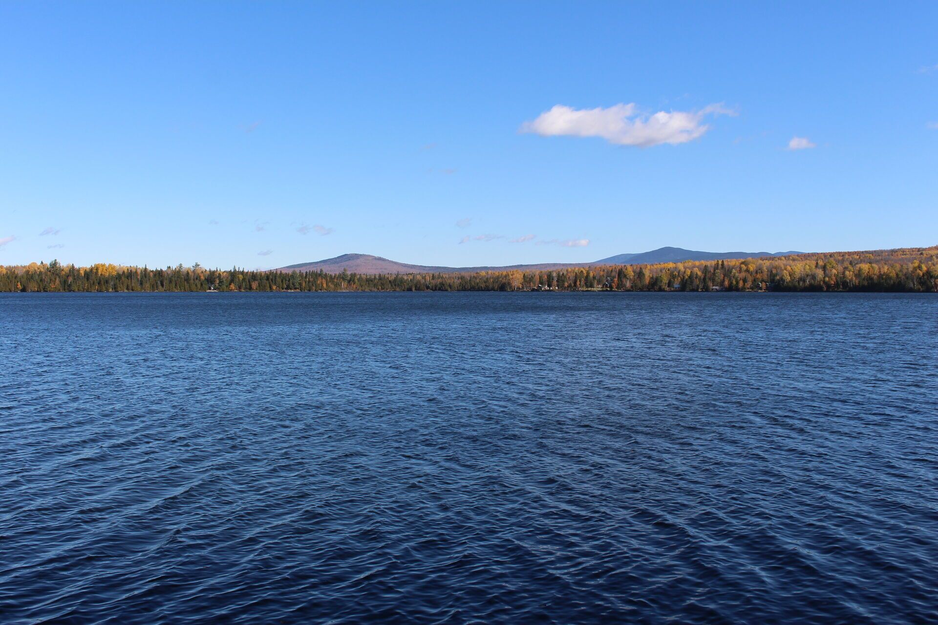 A calm lake with a forested shoreline and distant mountains.