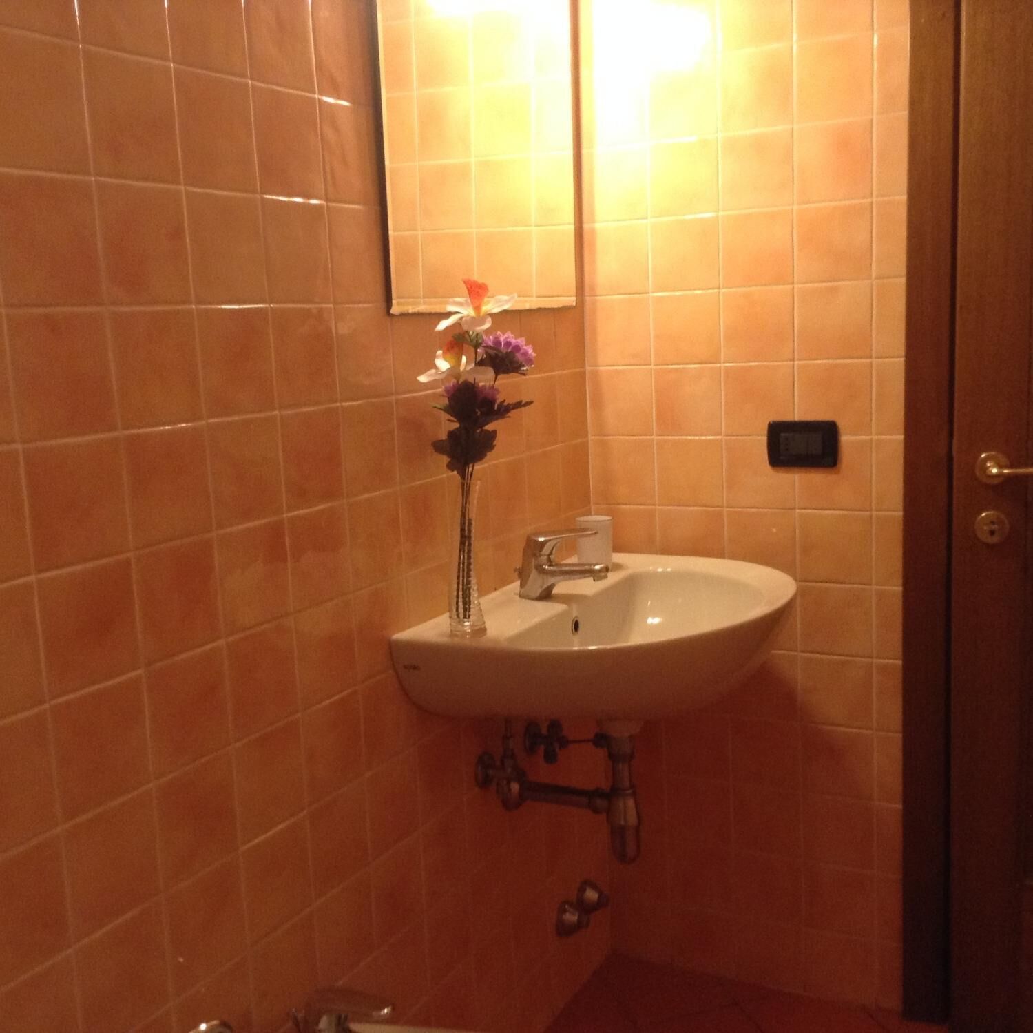 A bathroom with a white sink, a mirror above it, and a wall-mounted light fixture.