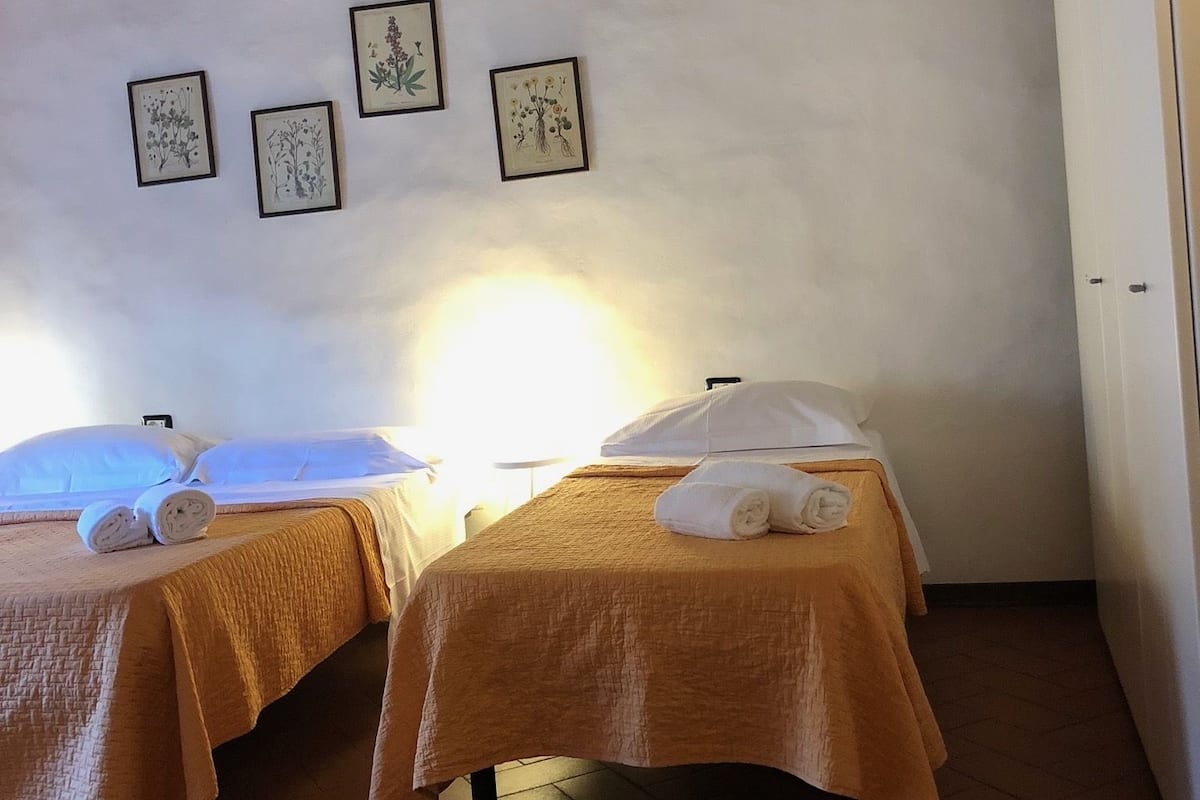 Dos camas individuales con cubrecamas color beige, una pared blanca con cuatro láminas botánicas enmarcadas y un techo de madera.