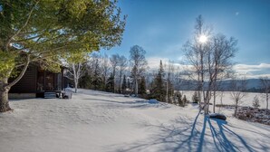 Une cabane avec une allée enneigée, un banc et un arbre au premier plan.