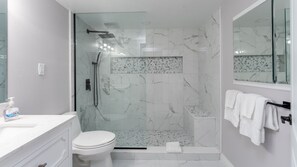 Shower, hair dryer, towels