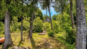 Une cabane entourée d’une forêt dense, avec un sentier bien tracé qui y mène.