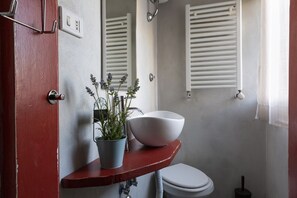 A bathroom with a white sink, a potted plant, a white toilet, and a shower with white blinds. - Roof Terrace-Tetti di Piazza Navona (Roma)